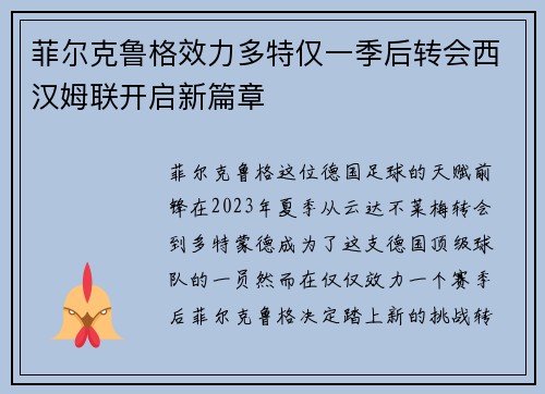 菲尔克鲁格效力多特仅一季后转会西汉姆联开启新篇章